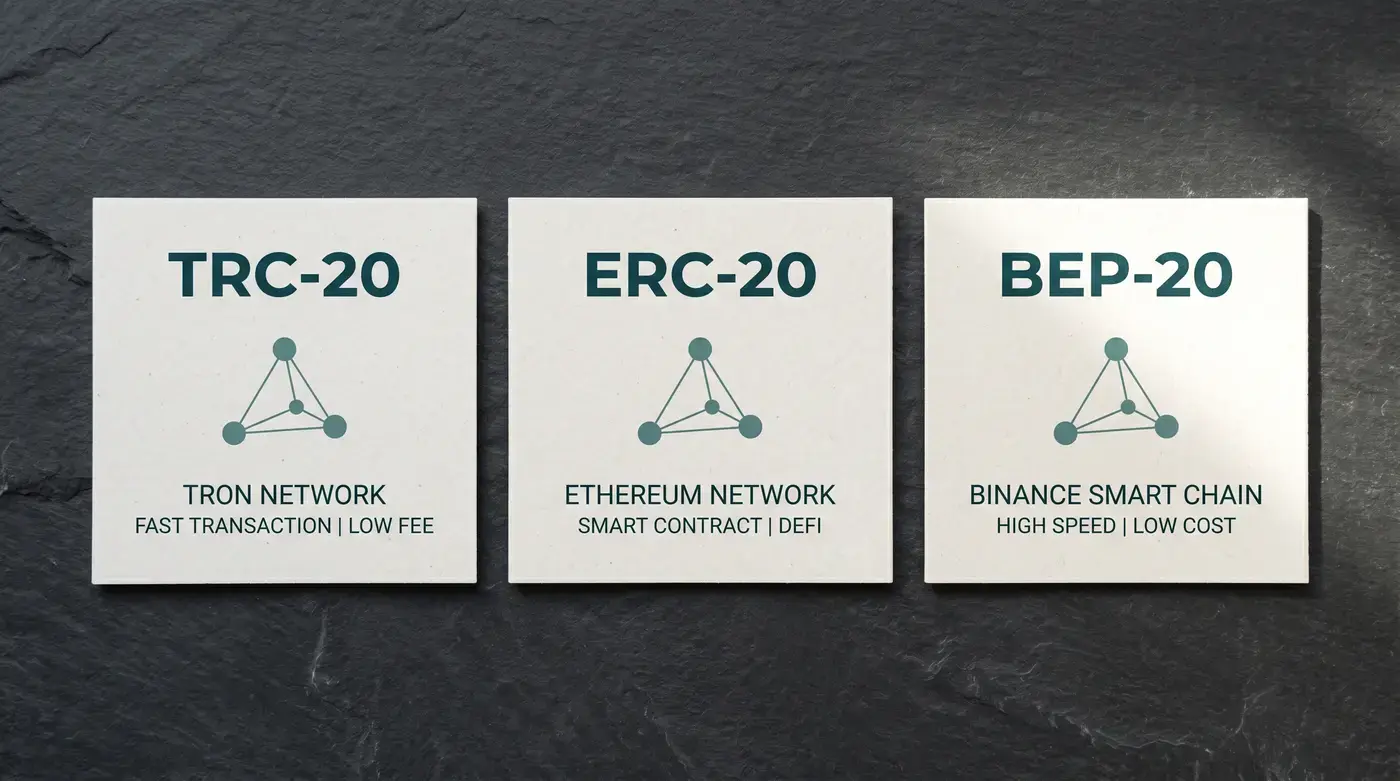 TRC-20 ERC-20 ve BEP-20 blockchain ağlarının karşılaştırma şeması